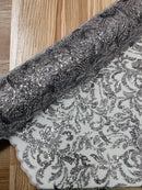 Beaded Flower Leaf Fabric - Gray - Shiny Beads and Sequins in Flower Design on Lace by Yard