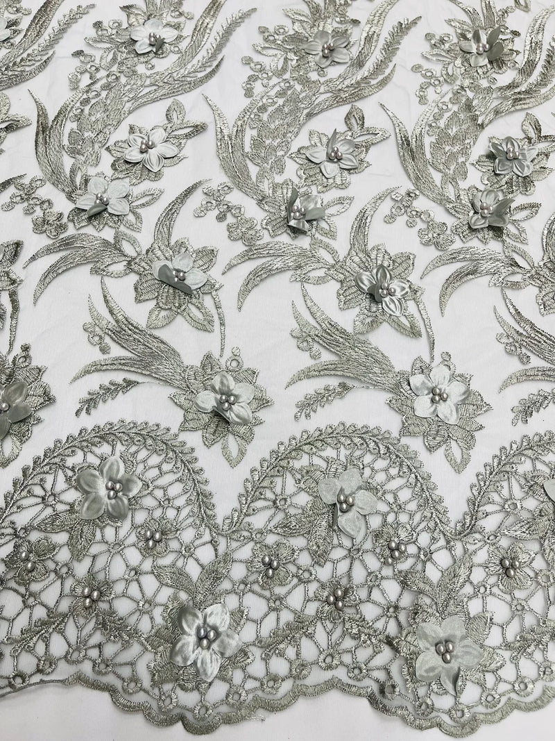 3D Floral Leaf Panels - Gray - Embroidered 3D Flower Lines with Pearls on Lace By Yard