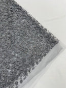 Shimmer Glitter Flower Fabric - Gray - Small Glitter Flower Design on Lace Sold By Yard