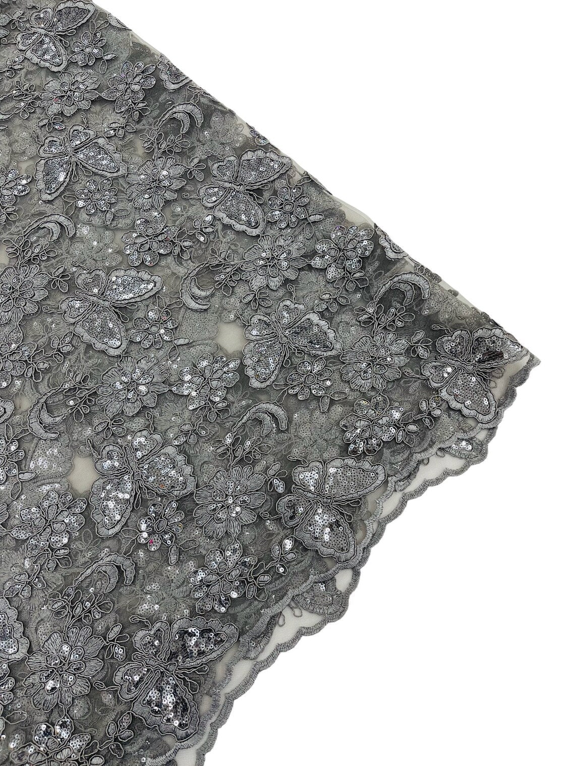 Butterfly Sequins Fabric - Gray - Metallic Floral Butterfly Design on Lace Fabric By Yard