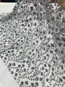 Shimmer Glitter Flower Fabric - Gray - Small Glitter Flower Design on Lace Sold By Yard