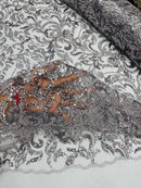 Beaded Flower Leaf Fabric - Gray - Shiny Beads and Sequins in Flower Design on Lace by Yard