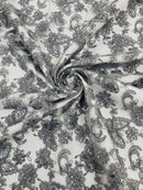 Butterfly Sequins Fabric - Gray - Metallic Floral Butterfly Design on Lace Fabric By Yard