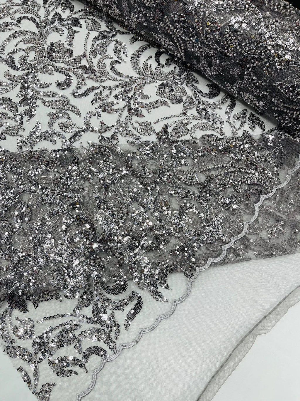 Beaded Flower Leaf Fabric - Gray - Shiny Beads and Sequins in Flower Design on Lace by Yard