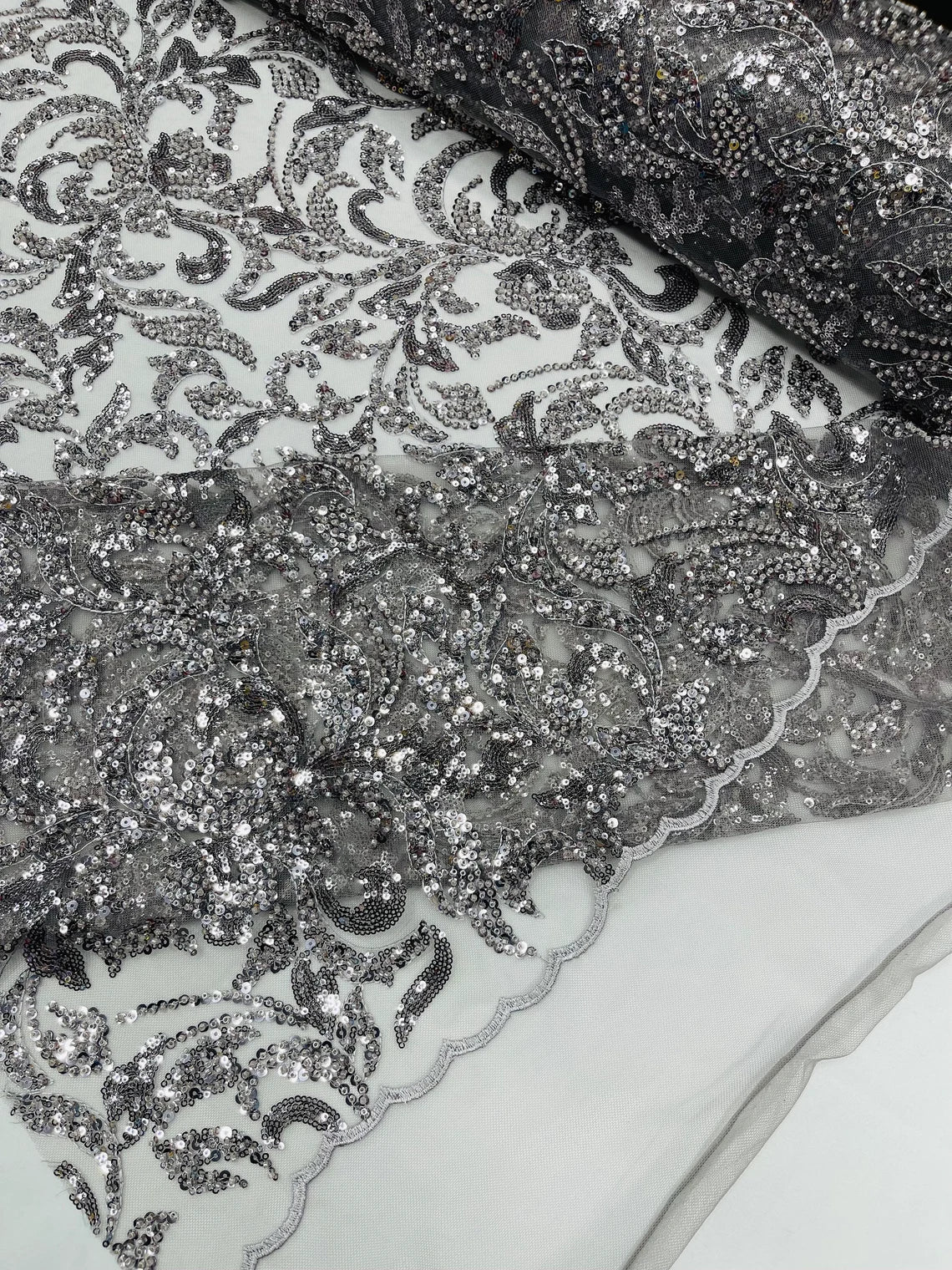 Beaded Flower Leaf Fabric - Gray - Shiny Beads and Sequins in Flower Design on Lace by Yard