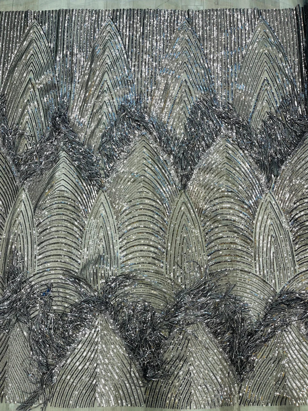 Fringe Sequins Fabric - Gray Silver - 2 Way Stretch Glamorous Fringe Design on Mesh By Yard