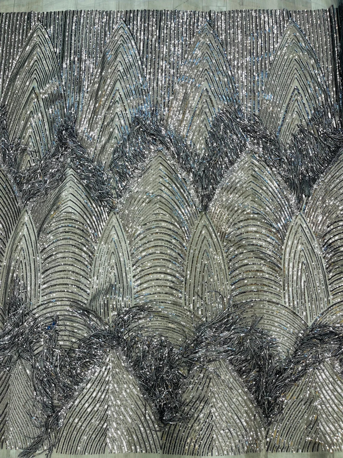 Fringe Sequins Fabric - Gray Silver - 2 Way Stretch Glamorous Fringe Design on Mesh By Yard