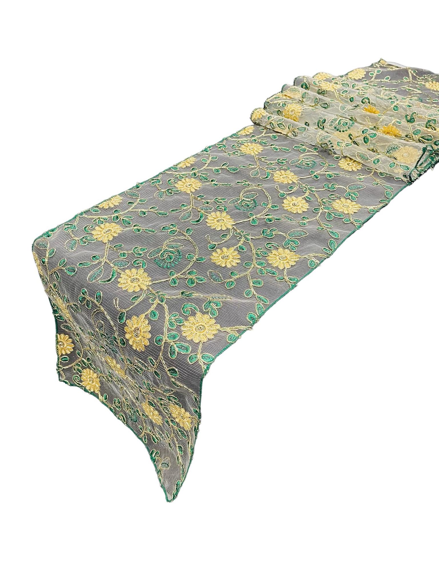 12" x 90" Metallic Flower Table Runner - Gold / Green - Fancy Runner for Event Decor