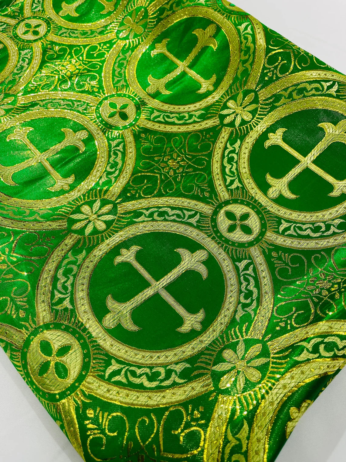 Brocade Cross Fabric - Green / Gold - Church Vestment Religious Jacquard Fabric By Yard