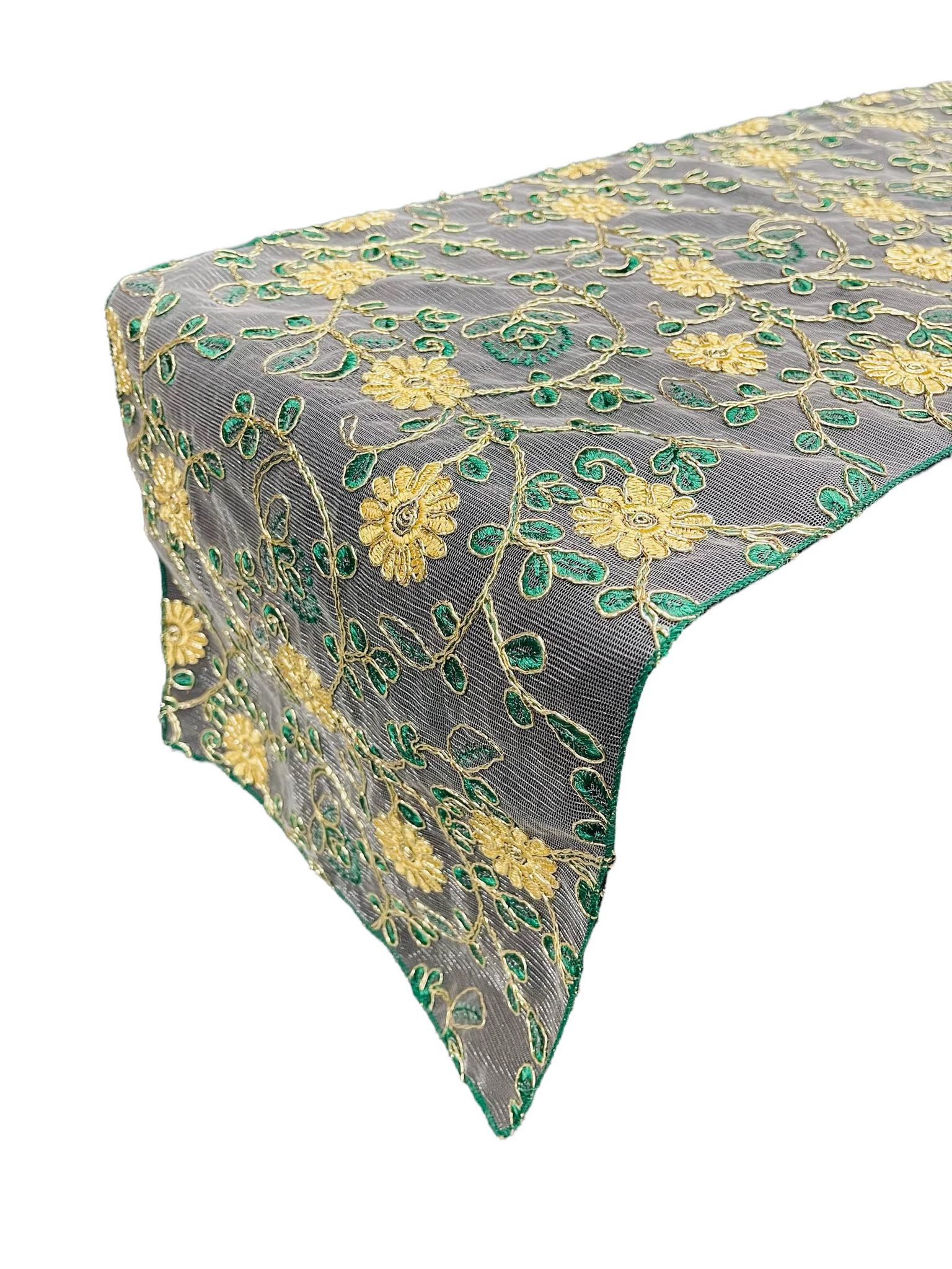12" x 90" Metallic Flower Table Runner - Gold / Green - Fancy Runner for Event Decor