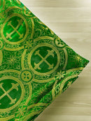 Brocade Cross Fabric - Green / Gold - Church Vestment Religious Jacquard Fabric By Yard