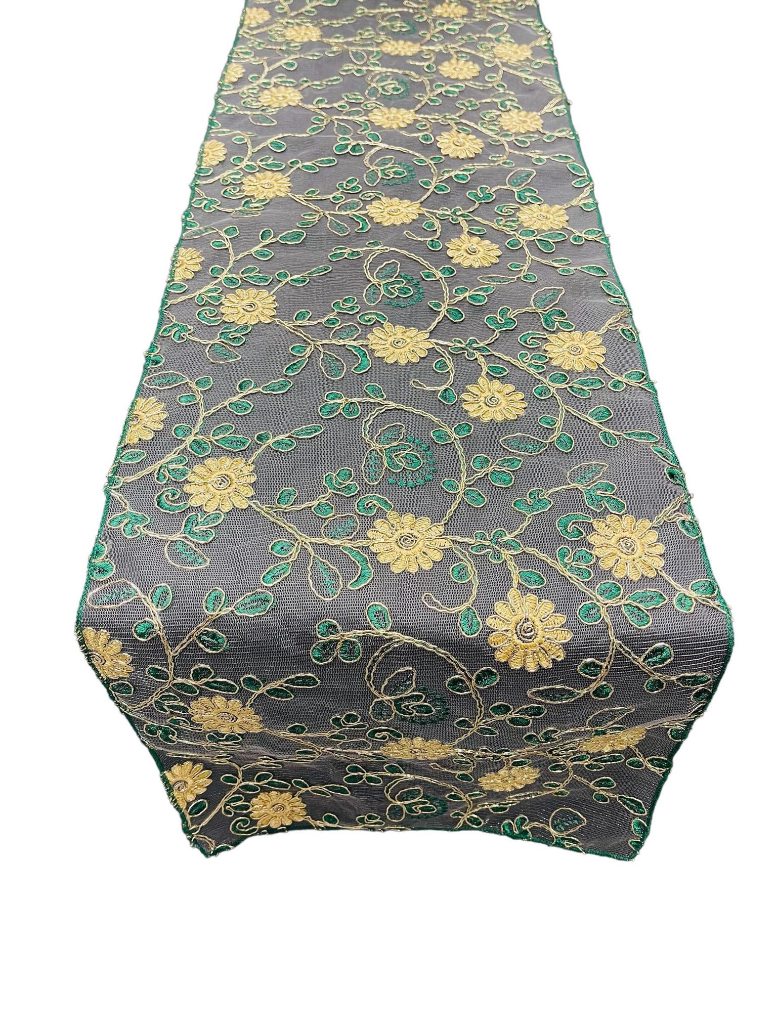 12" x 90" Metallic Flower Table Runner - Gold / Green - Fancy Runner for Event Decor