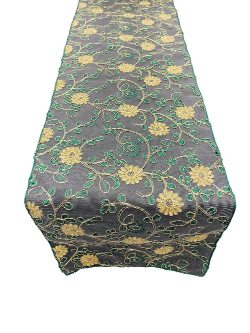 12" x 90" Metallic Flower Table Runner - Gold / Green - Fancy Runner for Event Decor