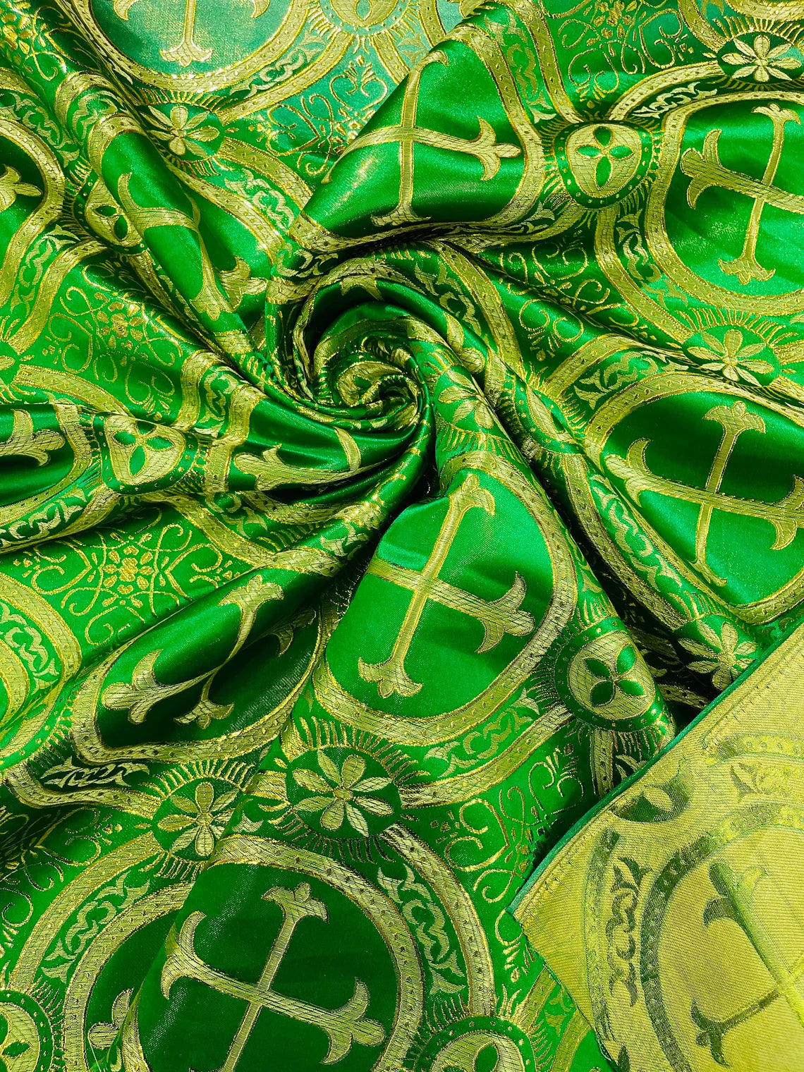 Brocade Cross Fabric - Green / Gold - Church Vestment Religious Jacquard Fabric By Yard
