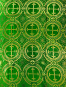 Brocade Cross Fabric - Green / Gold - Church Vestment Religious Jacquard Fabric By Yard