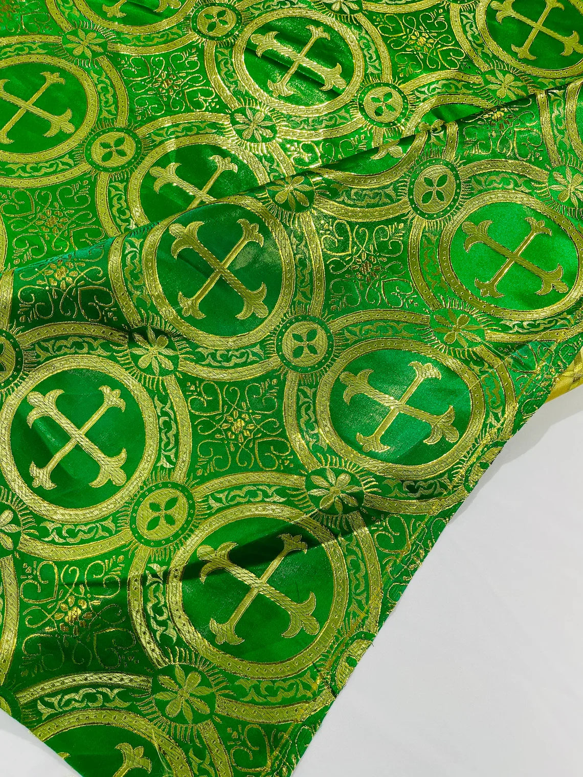 Brocade Cross Fabric - Green / Gold - Church Vestment Religious Jacquard Fabric By Yard