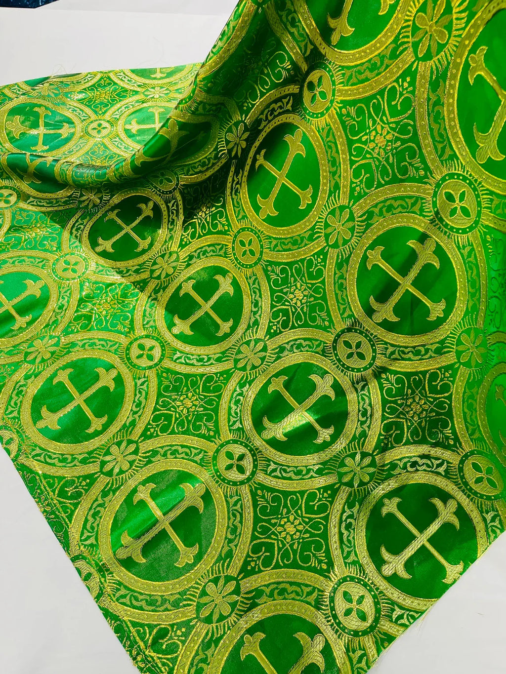 Brocade Cross Fabric - Green / Gold - Church Vestment Religious Jacquard Fabric By Yard