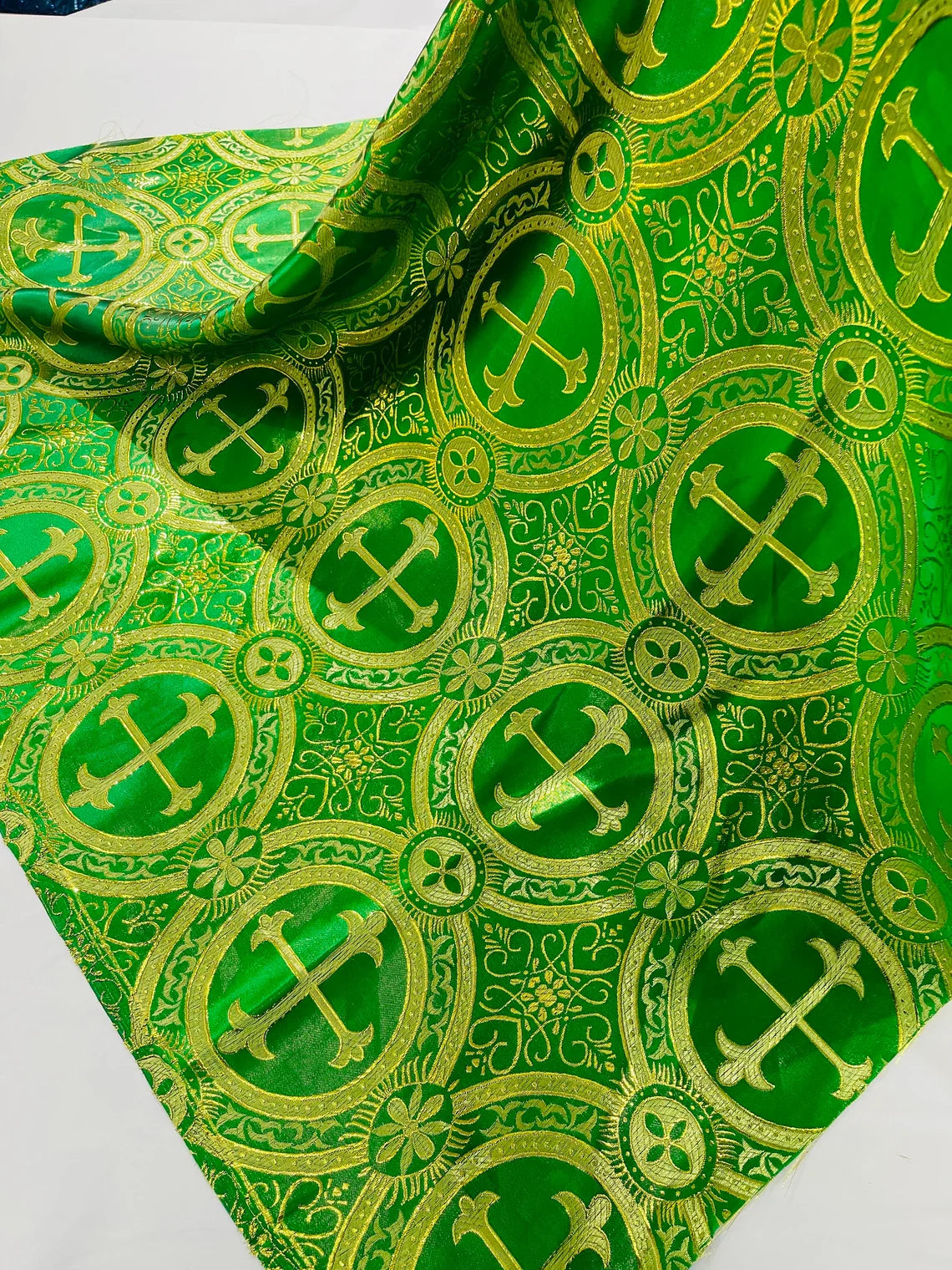 Brocade Cross Fabric - Green / Gold - Church Vestment Religious Jacquard Fabric By Yard