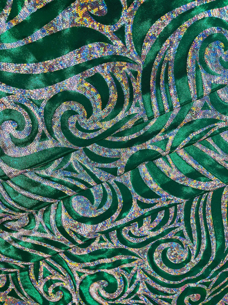 Tribal Swirl Spandex Fabric - Green / Silver - Hologram Metallic 4-Way Stretch Milliskin Fabric by Yard