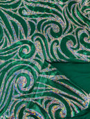 Tribal Swirl Spandex Fabric - Green / Silver - Hologram Metallic 4-Way Stretch Milliskin Fabric by Yard