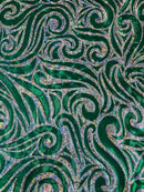 Tribal Swirl Spandex Fabric - Green / Silver - Hologram Metallic 4-Way Stretch Milliskin Fabric by Yard