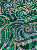 Tribal Swirl Spandex Fabric - Green / Silver - Hologram Metallic 4-Way Stretch Milliskin Fabric by Yard