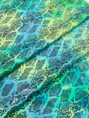 Cobra Snake Foil Fabric - Green / Yellow Iridescent - Cobra Snake Design on Tie Dye Spandex Fabric By Yard