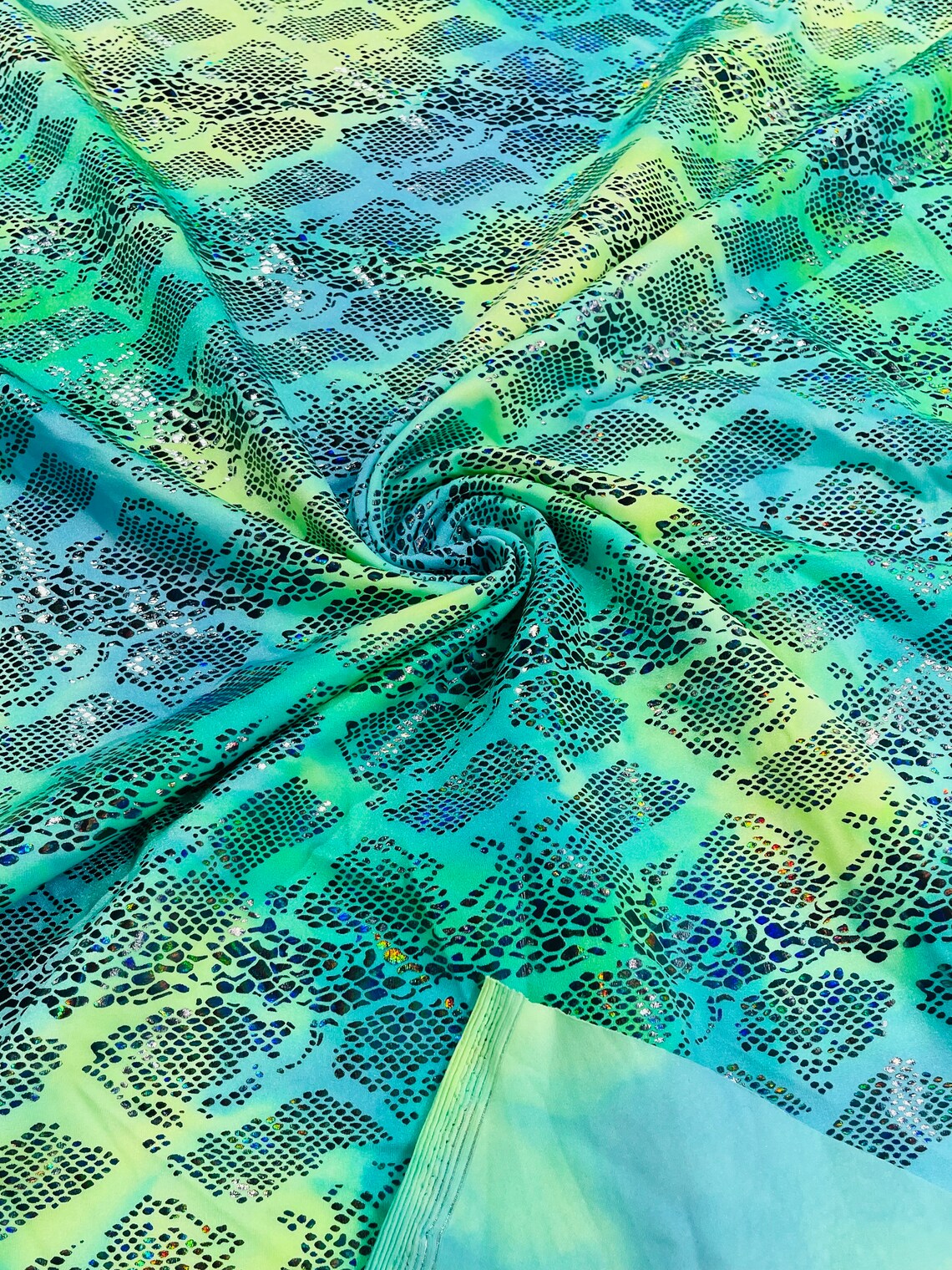 Cobra Snake Foil Fabric - Green / Yellow Iridescent - Cobra Snake Design on Tie Dye Spandex Fabric By Yard
