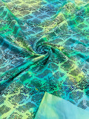 Cobra Snake Foil Fabric - Green / Yellow Iridescent - Cobra Snake Design on Tie Dye Spandex Fabric By Yard