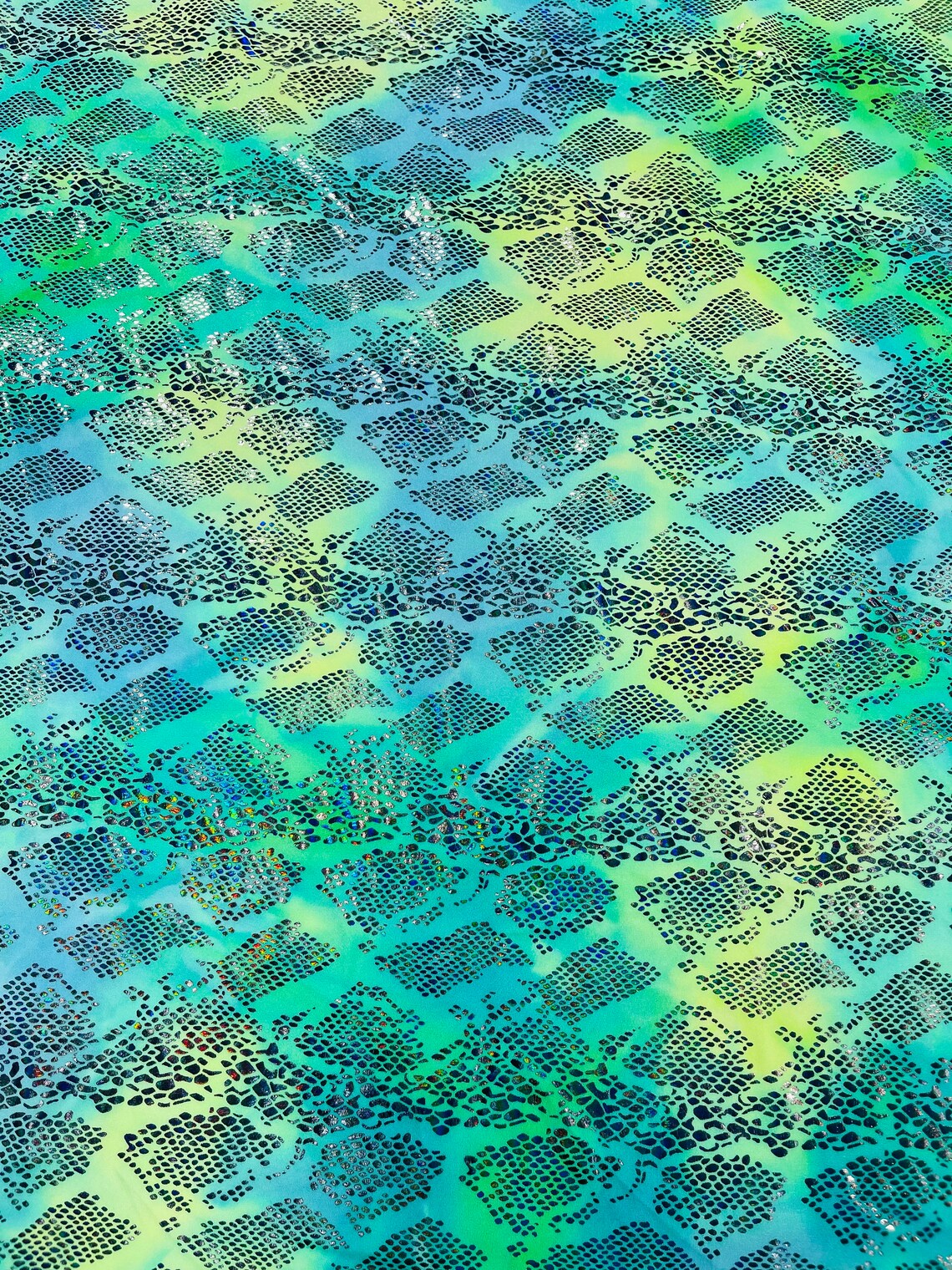 Cobra Snake Foil Fabric - Green / Yellow Iridescent - Cobra Snake Design on Tie Dye Spandex Fabric By Yard