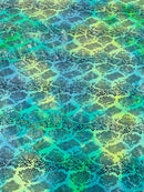 Cobra Snake Foil Fabric - Green / Yellow Iridescent - Cobra Snake Design on Tie Dye Spandex Fabric By Yard