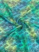 Cobra Snake Foil Fabric - Green / Yellow Iridescent - Cobra Snake Design on Tie Dye Spandex Fabric By Yard