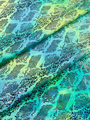 Cobra Snake Foil Fabric - Green / Yellow Iridescent - Cobra Snake Design on Tie Dye Spandex Fabric By Yard