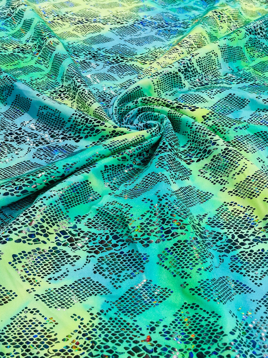 Cobra Snake Foil Fabric - Green / Yellow Iridescent - Cobra Snake Design on Tie Dye Spandex Fabric By Yard