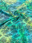 Cobra Snake Foil Fabric - Green / Yellow Iridescent - Cobra Snake Design on Tie Dye Spandex Fabric By Yard