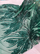 Wavy Leaf Sequins Fabric - Green - Wavy Lines and Leaves Design on Lace Mesh Fabric by Yard