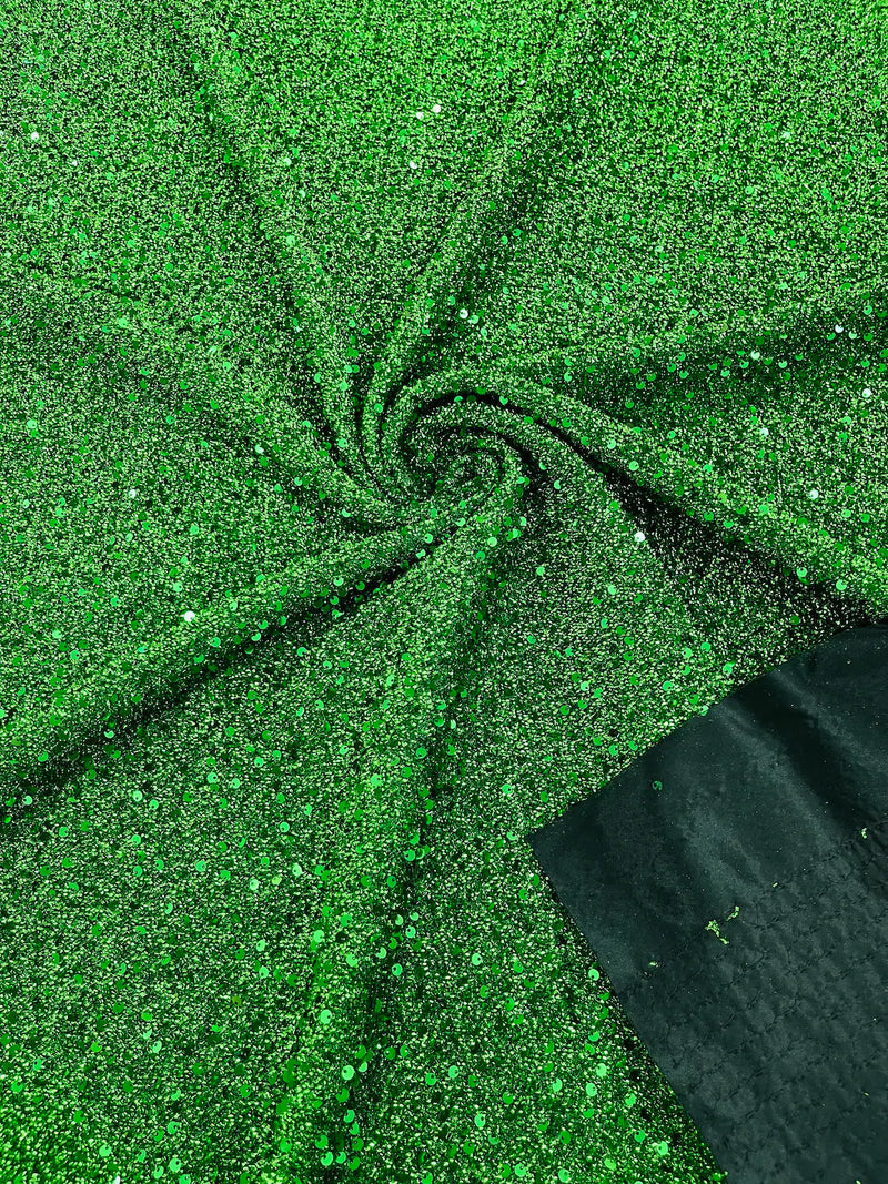 Sequins on Metallic Foil - Green - 5mm Sequins Confetti 2Way Stretch Spandex Fabric by yard