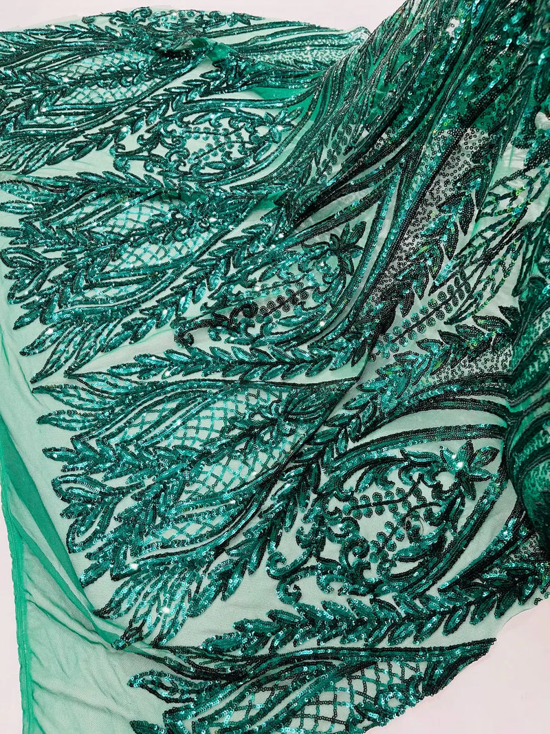 Mermaid Design Sequins Fabric - Green - Sequins Fabric 4 Way Stretch on Mesh By Yard