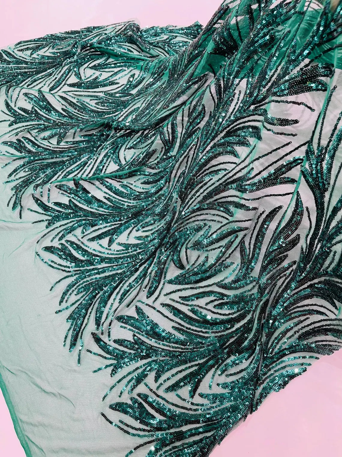 Leaf Design Stretch Sequins - Green - 4 Way Stretch Lace Mesh Sequins Fabric by Yard