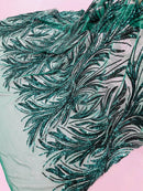 Leaf Design Stretch Sequins - Green - 4 Way Stretch Lace Mesh Sequins Fabric by Yard