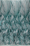 Curvy Line Design Fabric - Green - 4 Way Stretch Sequins Design Mesh Lace Fabric by Yard