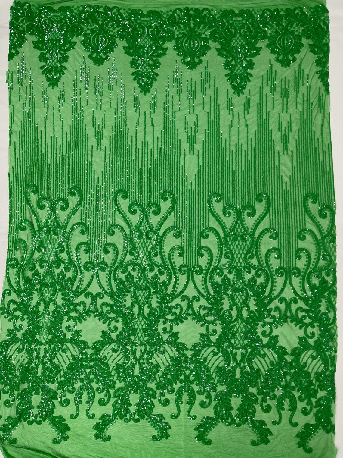 Damask Line Pattern - Green - 4 Way Stretch Damask Sequins Line Fabric Sold By Yard