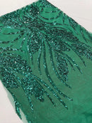 Wavy Leaf Sequins Fabric - Green - Wavy Lines and Leaves Design on Lace Mesh Fabric by Yard