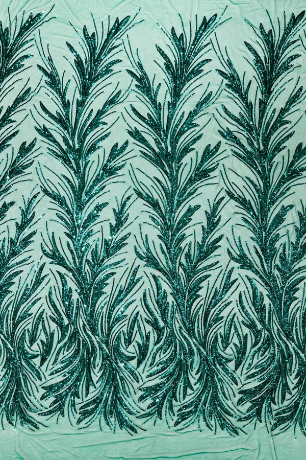 Leaf Design Stretch Sequins - Green - 4 Way Stretch Lace Mesh Sequins Fabric by Yard