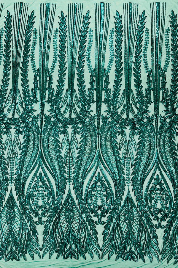 Mermaid Design Sequins Fabric - Green - Sequins Fabric 4 Way Stretch on Mesh By Yard