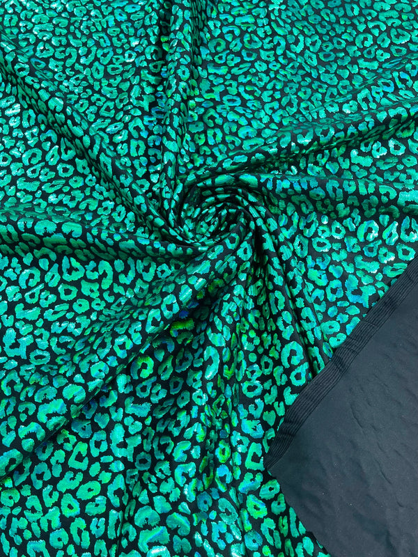 Cheetah Mystique Foil Fabric - Green - 58/60" 4 Way Stretch Iridescent Foil Cheetah Print Spandex Fabric By Yard