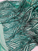 Curvy Line Design Fabric - Green - 4 Way Stretch Sequins Design Mesh Lace Fabric by Yard