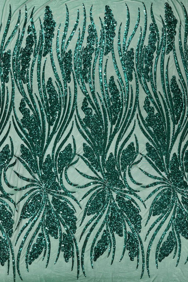 Wavy Leaf Sequins Fabric - Green - Wavy Lines and Leaves Design on Lace Mesh Fabric by Yard