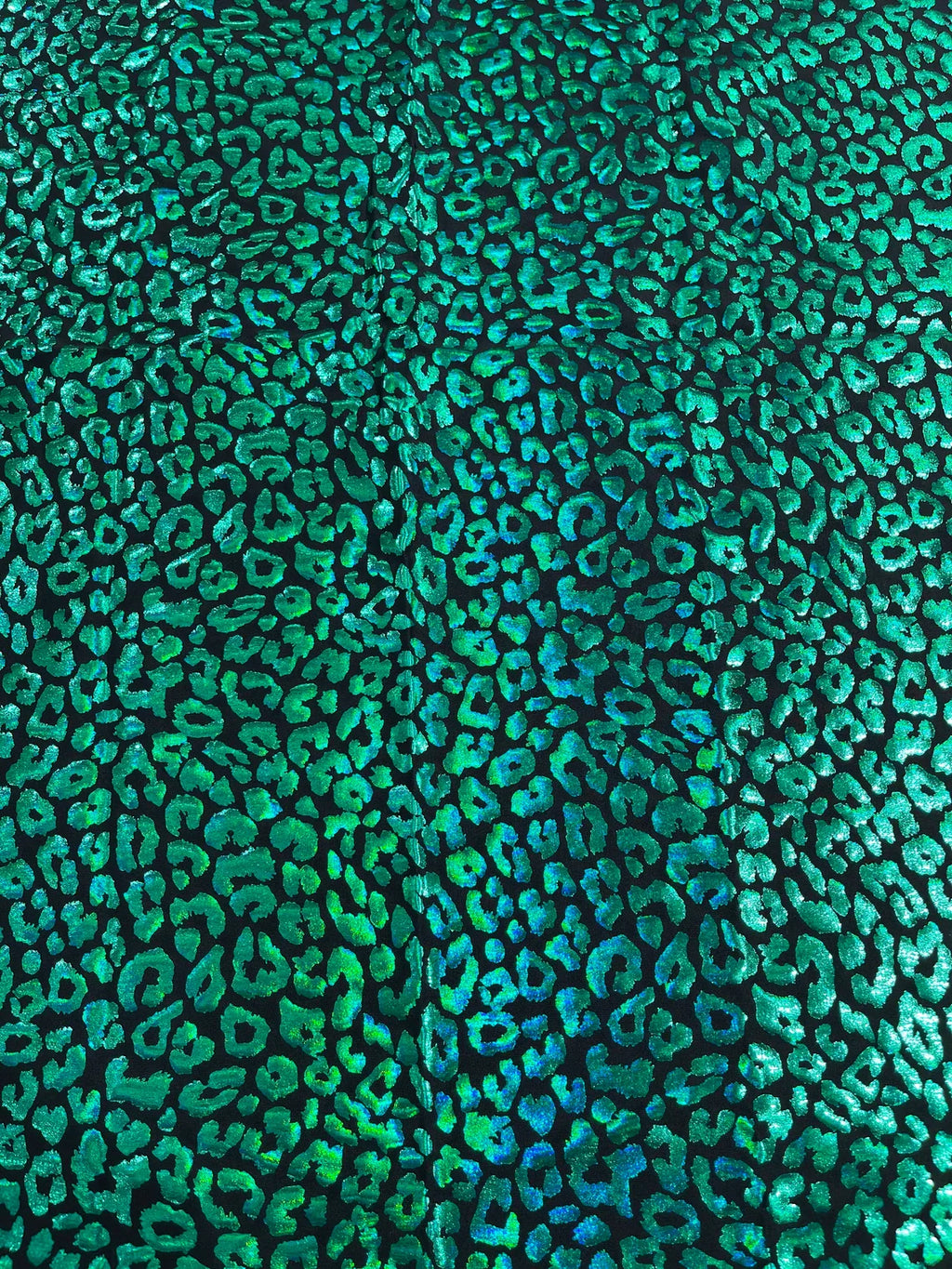 Cheetah Mystique Foil Fabric - Green - 58/60" 4 Way Stretch Iridescent Foil Cheetah Print Spandex Fabric By Yard