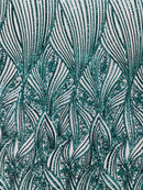 Curvy Line Design Fabric - Green - 4 Way Stretch Sequins Design Mesh Lace Fabric by Yard